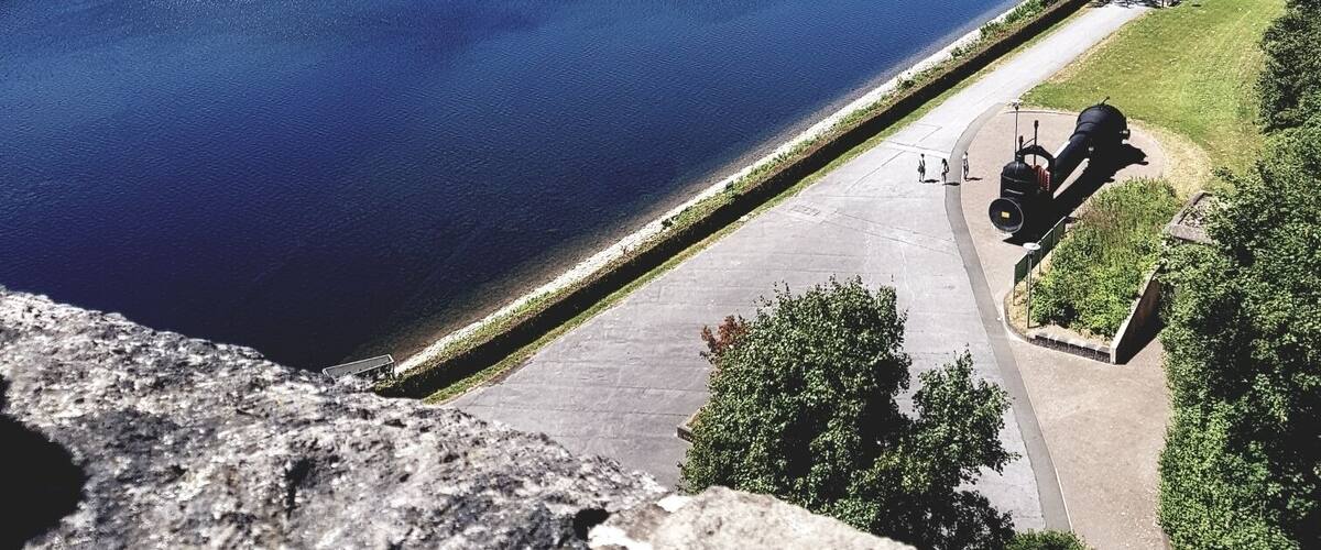 A calm lake surrounded by greenery and a paved walkway.