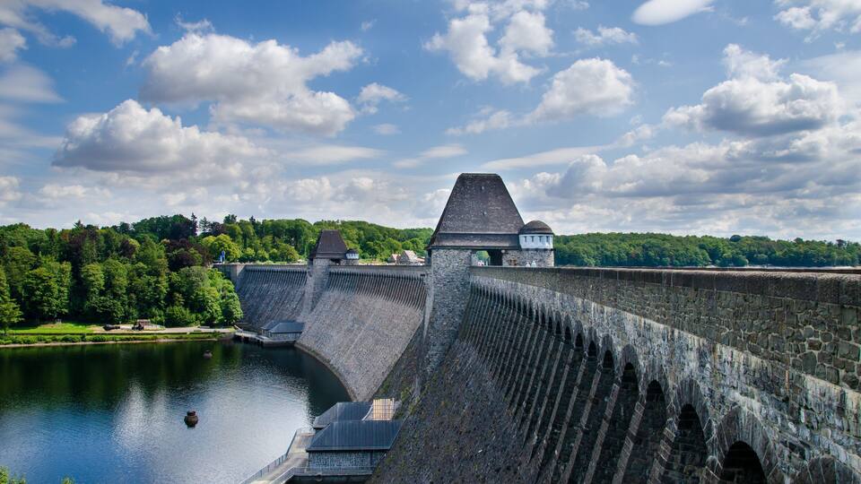 A large dam with a sloped top and multiple arches, surrounded by a forested area and a body of water.