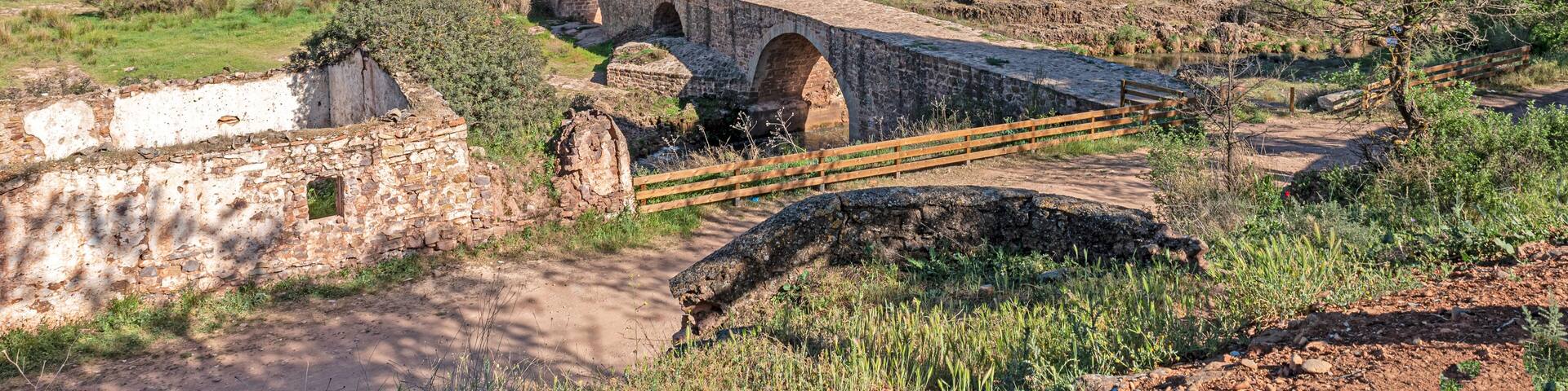 Mocho Bridge of Roman origin over the Guadalimar River, Carthaginian Road in Beas de Segura, Chiclana de Segura, Jaen, Spain. Where transhumance passes, the flocks of sheep
