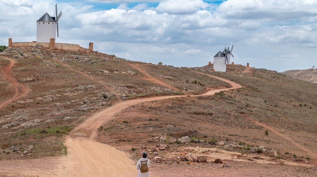 Woman heading down a dirt road towards the white stone windmills in a town in Ciudad Real (Spain)