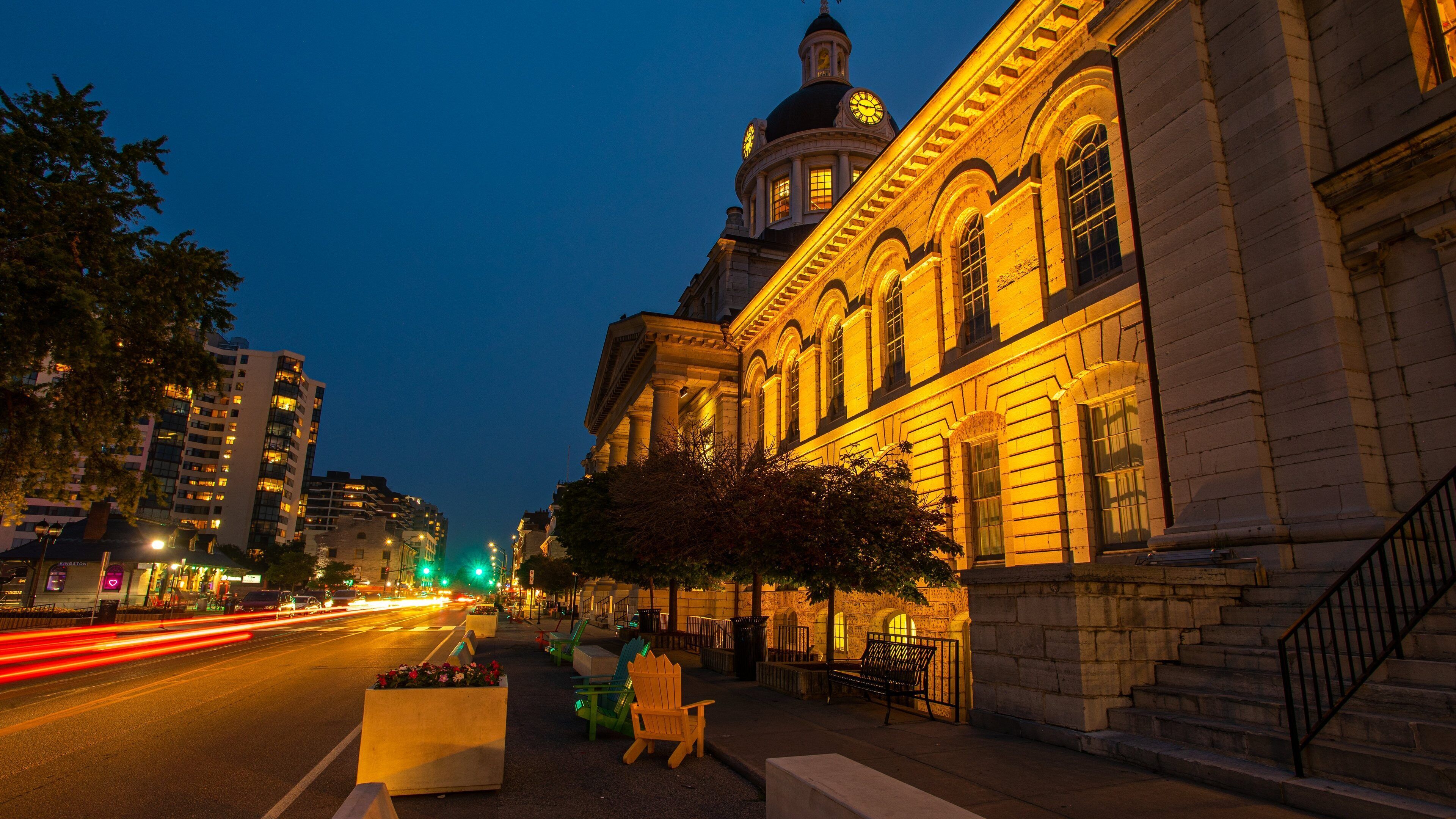 Kingston City Hall which includes heritage architecture, night scenes and a city