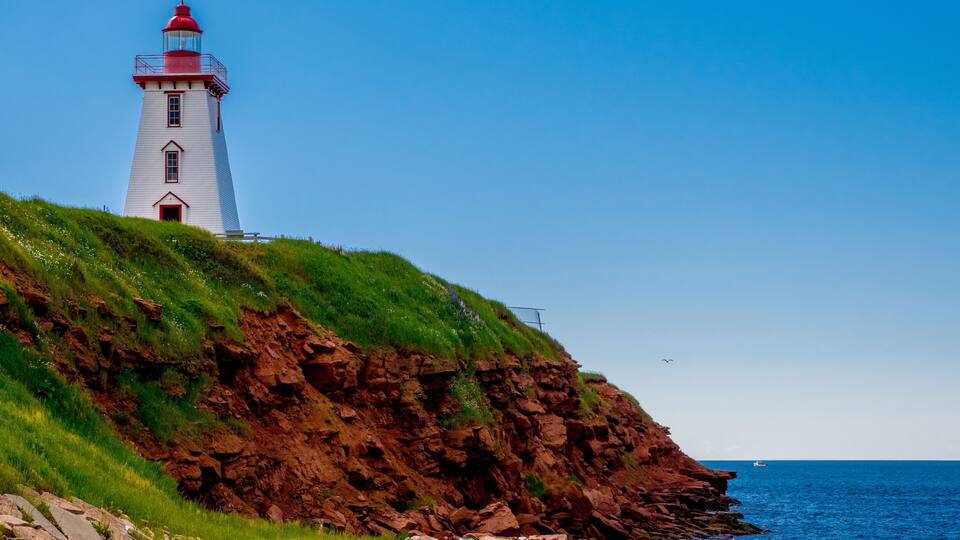 A lighthouse on a grassy cliff by the sea.