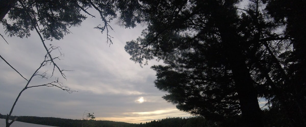 A lake surrounded by trees with a cloudy sky and the sun setting in the distance.