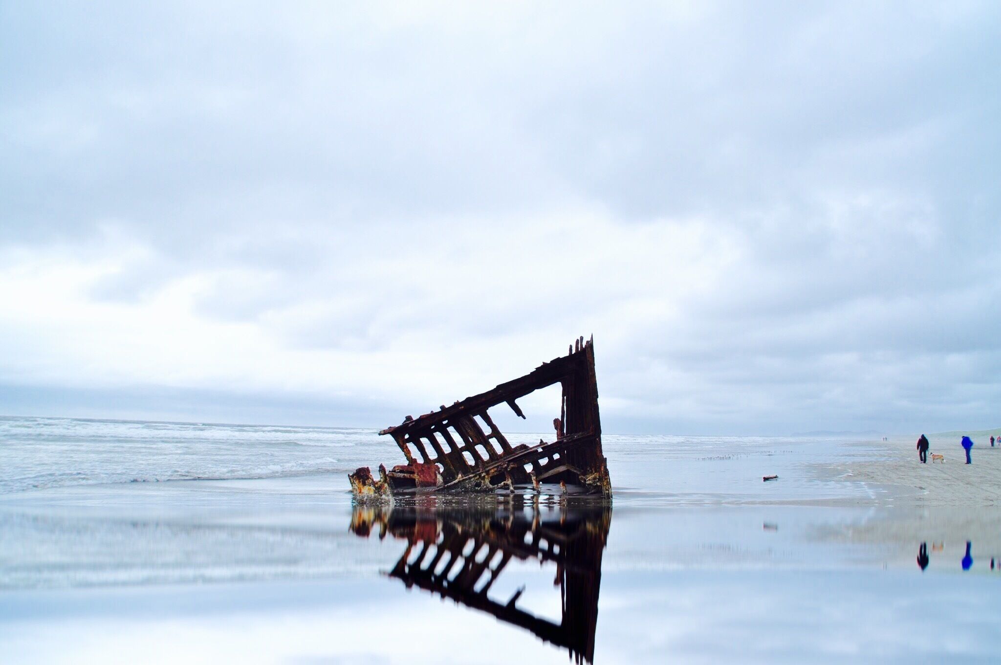 A shipwreck on a beach with people and a dog nearby.