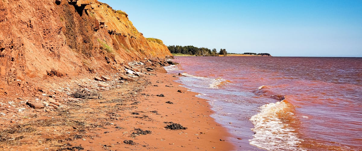 A beach with reddish sand, a steep cliff, and calm water.
