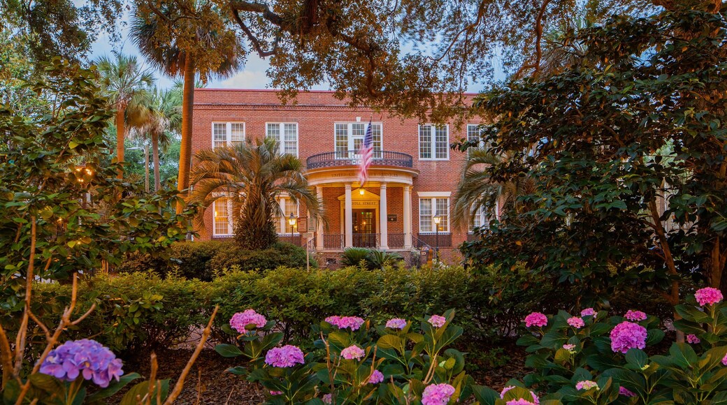 Historic Downtown Savannah showing a house, flowers and heritage elements