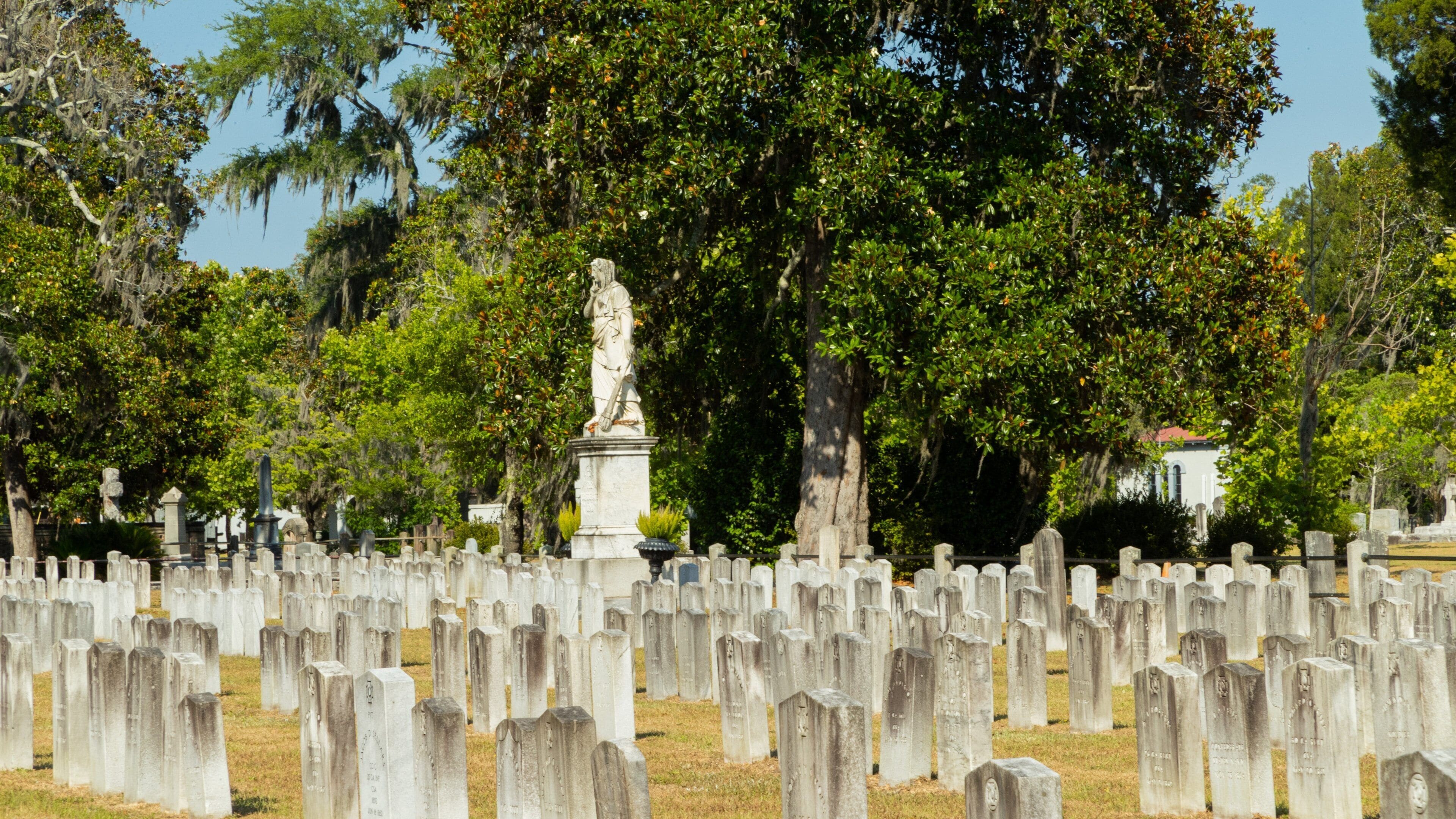 Historic Downtown Savannah showing a statue or sculpture and a cemetery