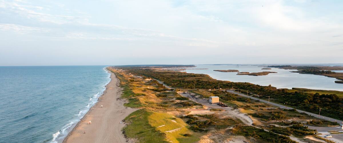 Aerial View of Sandbridge beach looking south to Back Bay National Wildlife Refuge in Virginia Beach