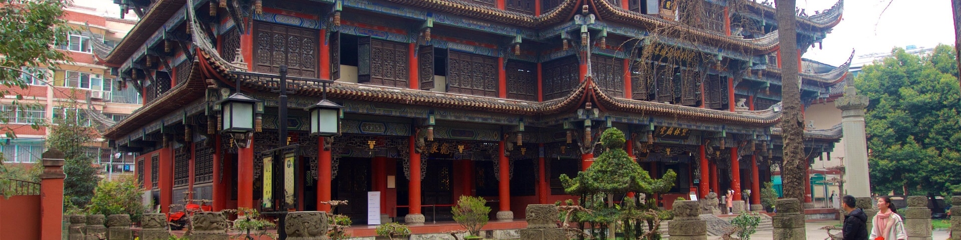 Wenshu Monastery which includes heritage architecture and a park as well as a couple