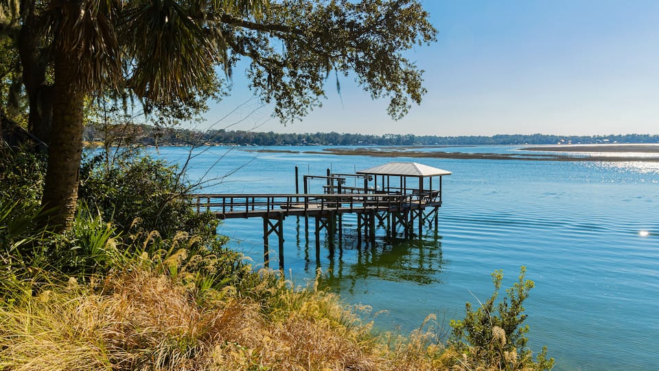 Old Town Wharf Boardwalk at The Wright Family Park, Bluffton, South Carolina, USA