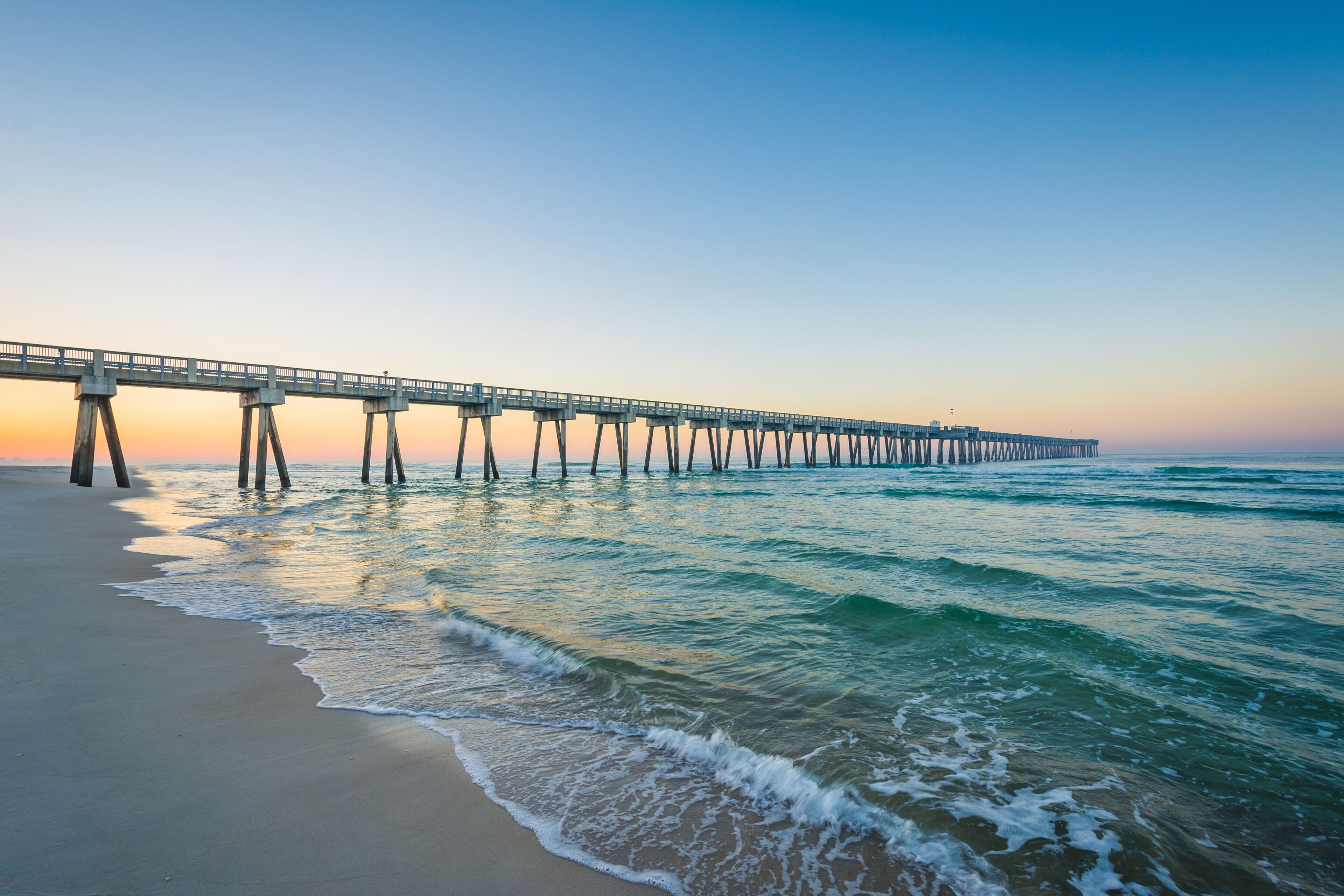 The M.B. Miller County Pier and Gulf of Mexico at sunrise, in Pa