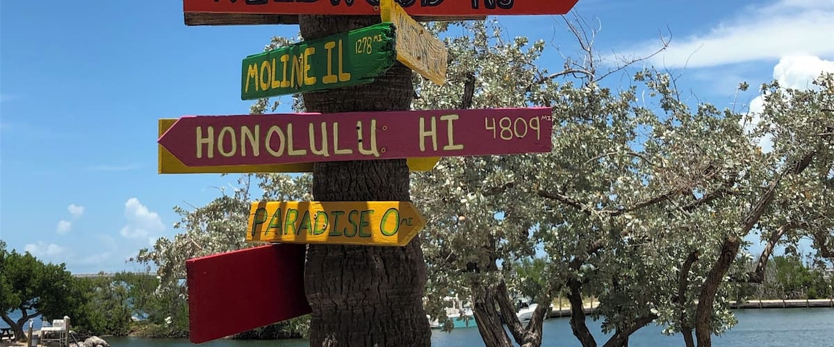 A multi-directional signpost with various destination names and distances.