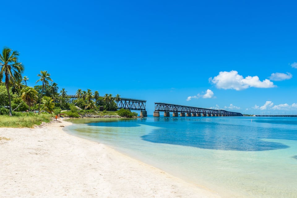 Een strand met helder turquoise water, een zandstrand, palmbomen en een stalen brug over het water.