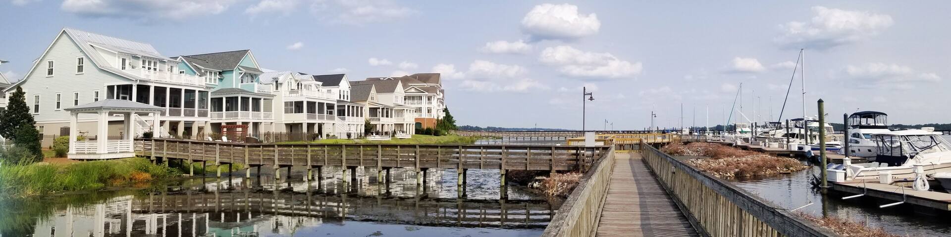 Panoramic view of riverfront homes and boats along the boardwalk in Washington NC