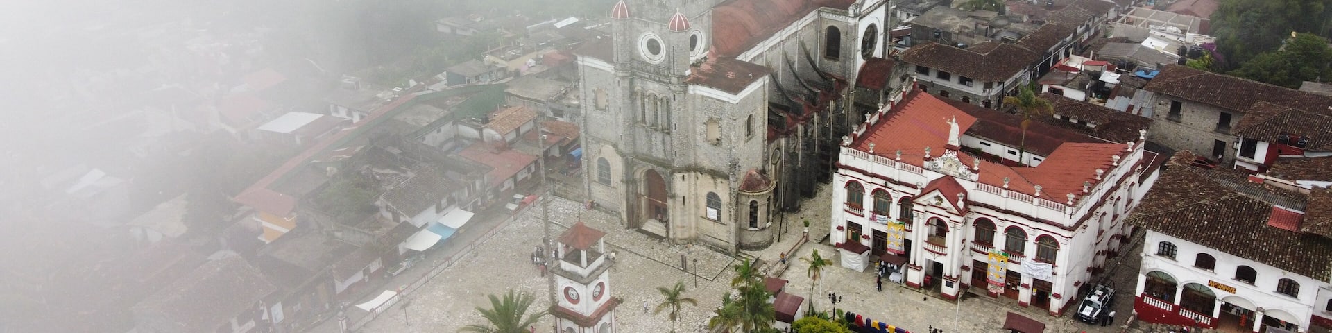 Aerial view of San Francisco de Asis church in Cuetzalan Puebla Mexico