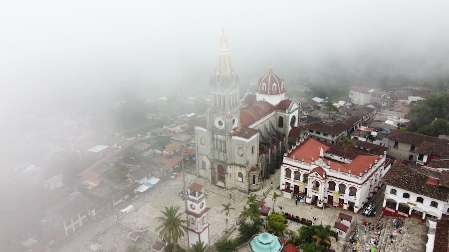 Aerial view of San Francisco de Asis church in Cuetzalan Puebla Mexico
