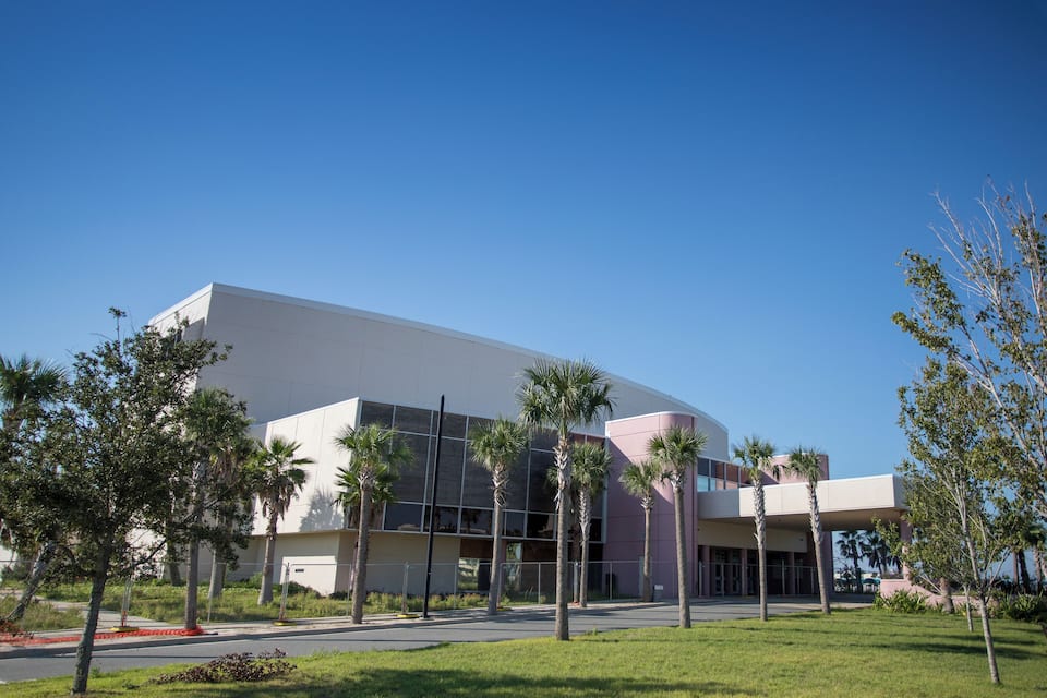 A modern building with a flat roof, surrounded by palm trees and a clear blue sky.
