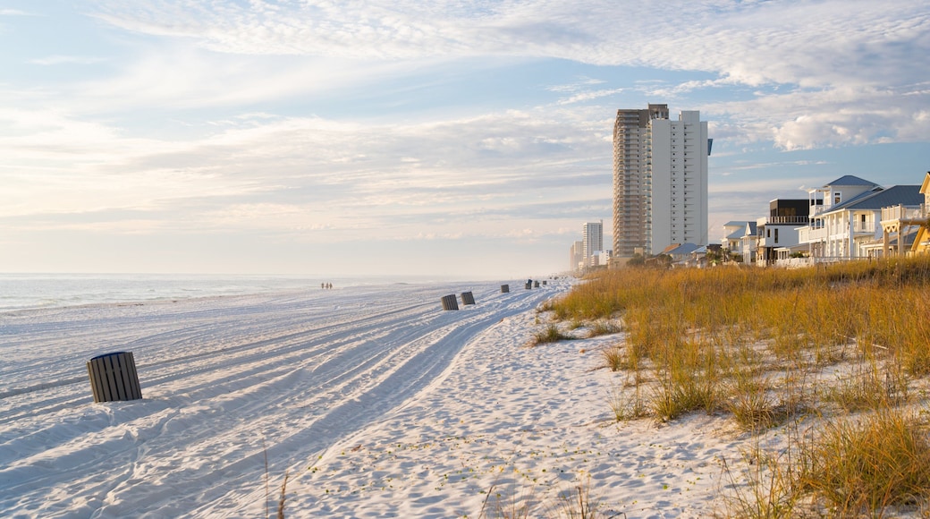 Russell-Fields Pier which includes general coastal views, a beach and a coastal town