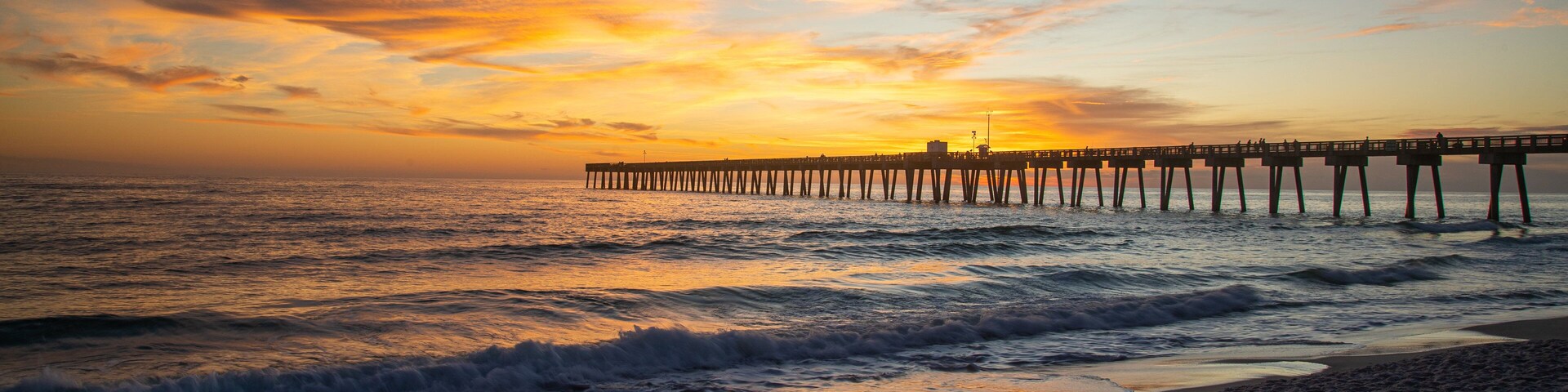 Florida Panhandle featuring a sandy beach, a sunset and general coastal views