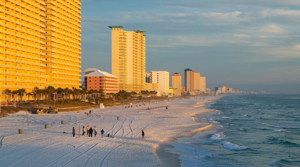 Russell-Fields Pier which includes a sunset, general coastal views and a coastal town