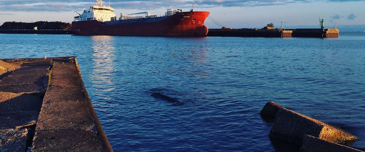 A large red cargo ship docked at a pier with a clear sky and calm water.