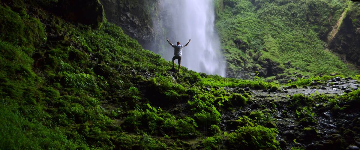 A waterfall cascading through a cave opening, surrounded by lush green vegetation.