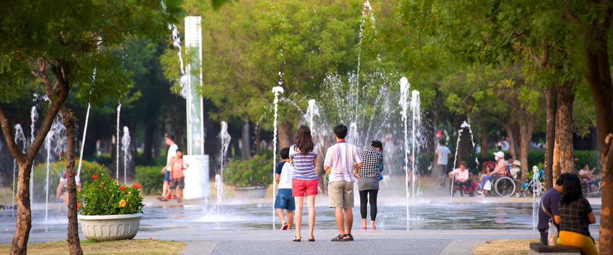 Central Park que incluye una fuente y también un pequeño grupo de personas