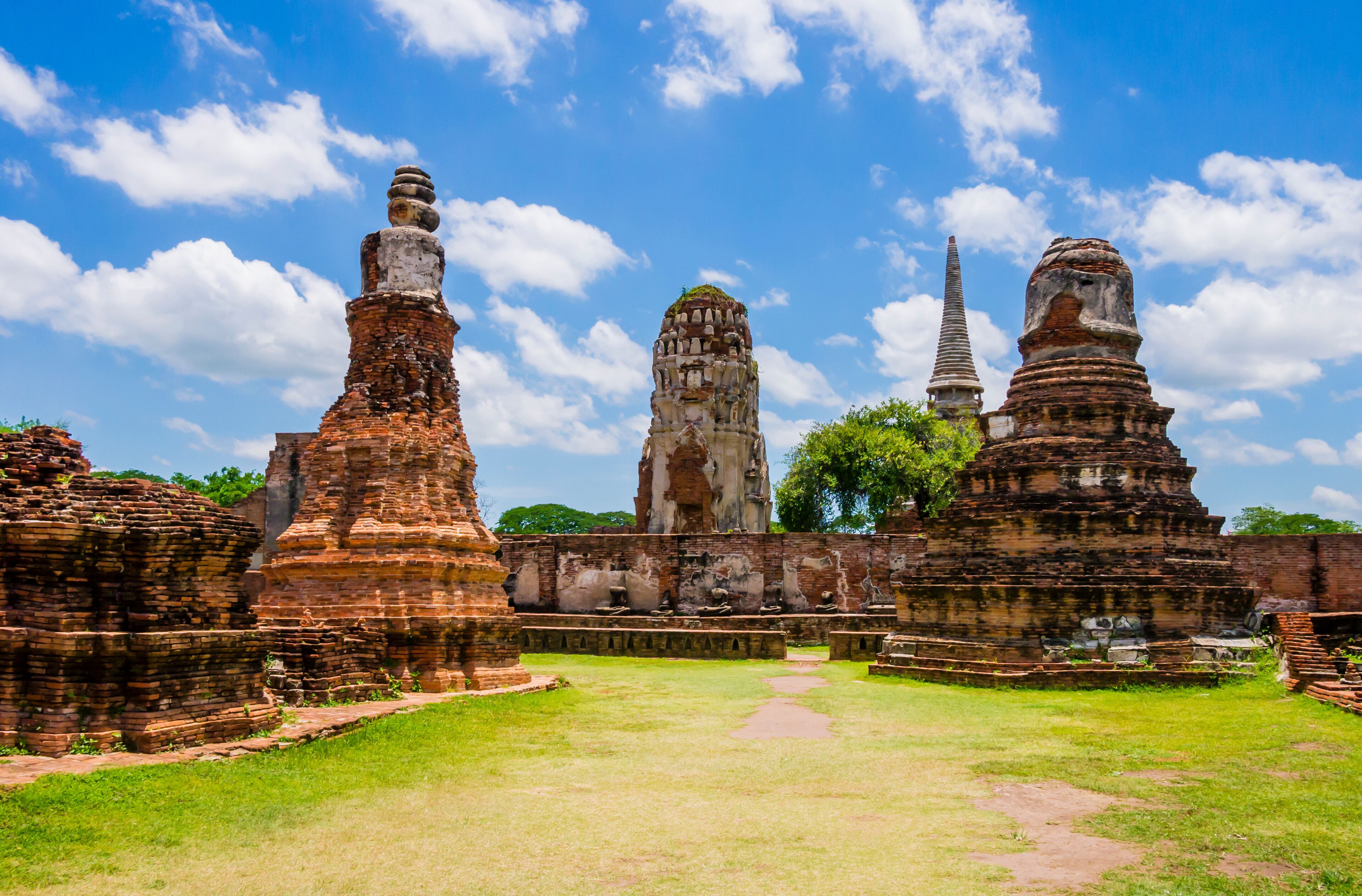 Panoramic view of Pagoda and Stupa in Ayutthaya archaeological park, Thailand 