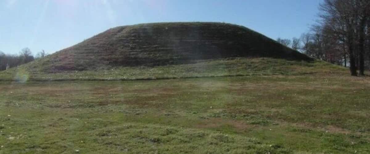 A grassy mound with a clear sky and sunlight.
