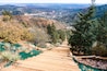 A wooden staircase leading uphill with a view of a valley below.