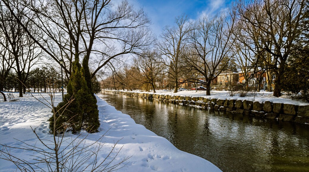 Shakespearean Gardens park at Stratford, near the Avon River, covered in snow in the winter.