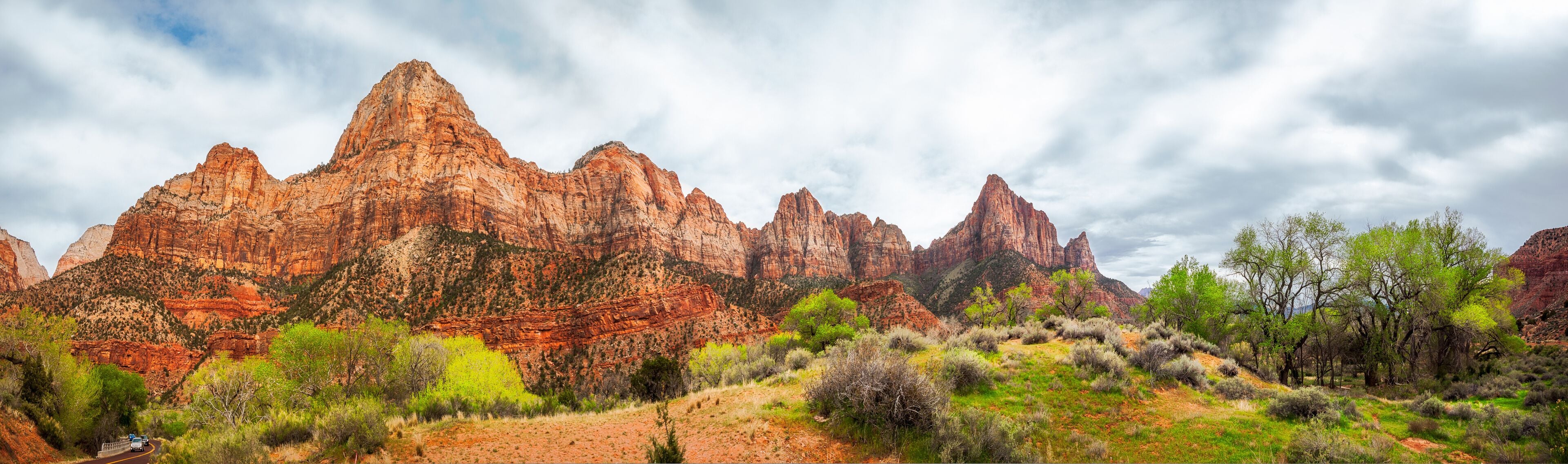 Mountain Range Panorama in Spring at Zion National Park, Utah, USA - Park South Entrance from Springdalle.
