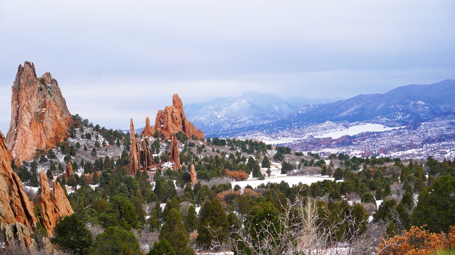 Garden of the Gods in Colorado Springs Colorado after a light snow in winter