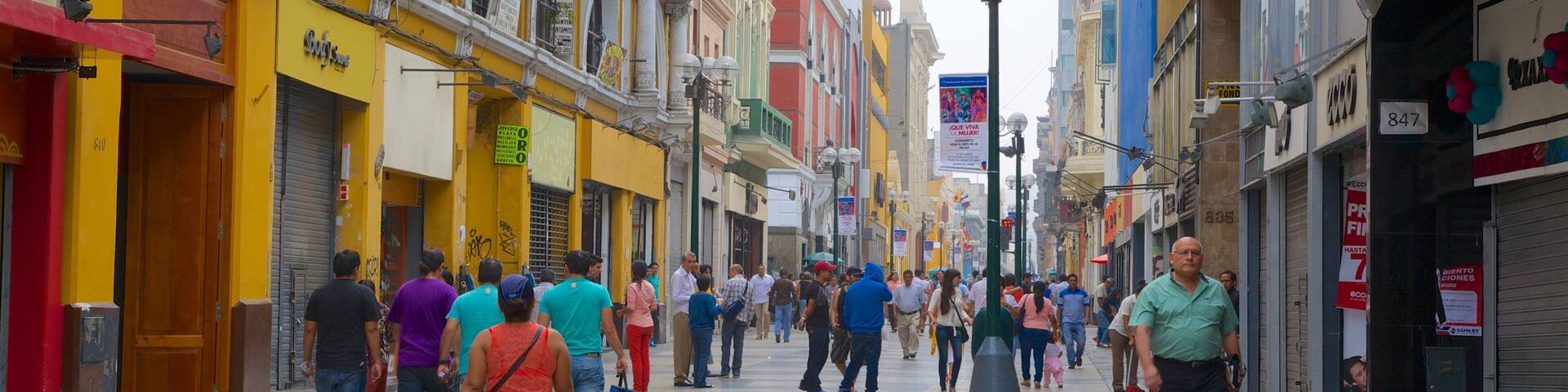 Jirón de La Unión que incluye escenas urbanas y también un gran grupo de personas