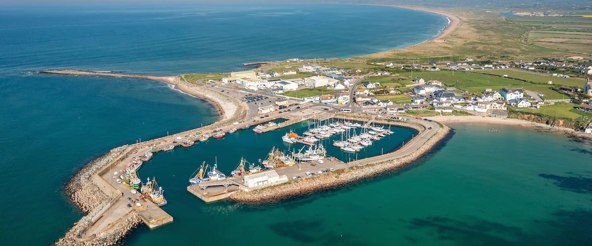 An aerial view of a coastal town with a marina, harbor, and surrounding landscape.