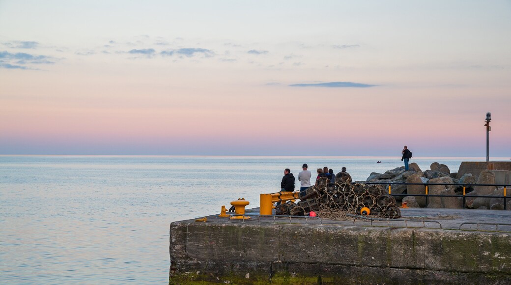 Kilmore showing general coastal views and a sunset as well as a small group of people