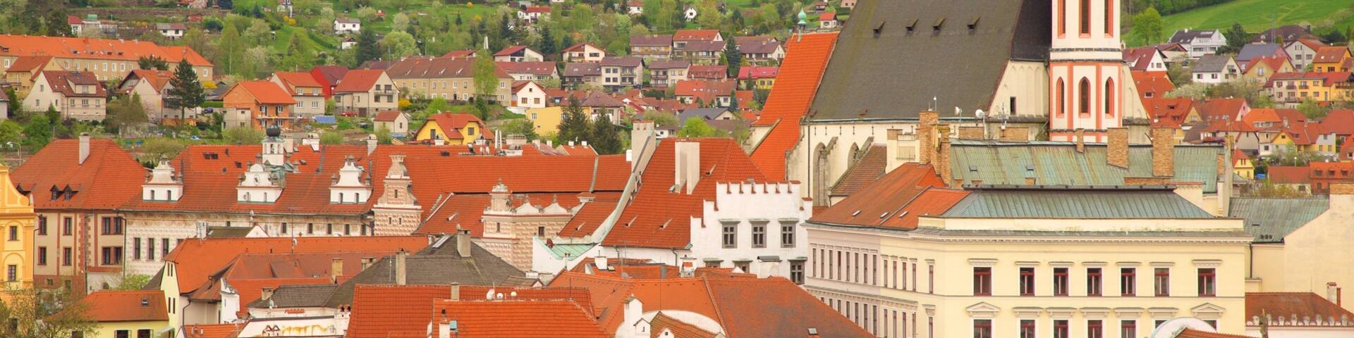A town with red-roofed buildings, a church with a tall steeple, and green hills in the background.