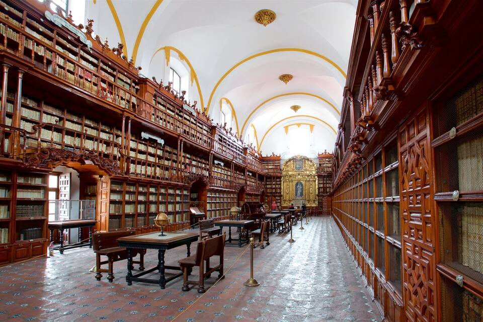 Una biblioteca imponente con estanterías de madera decoradas y un techo abovedado.