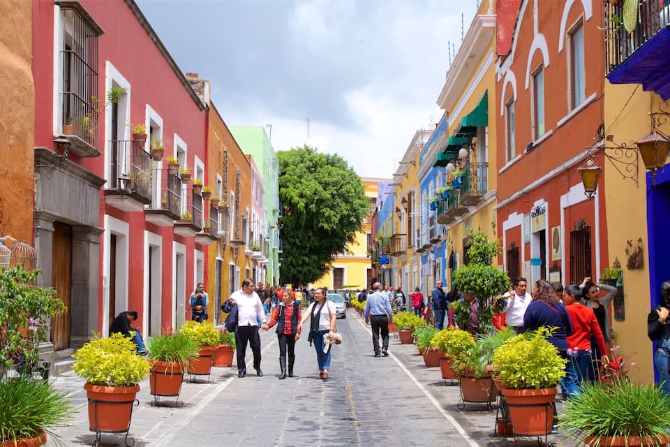 Calle colorida bordeada de plantas en macetas y gente caminando.