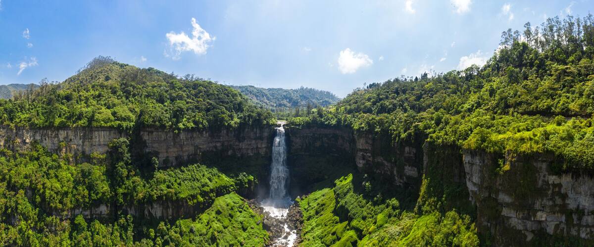 A waterfall cascading down a cliff surrounded by lush greenery.