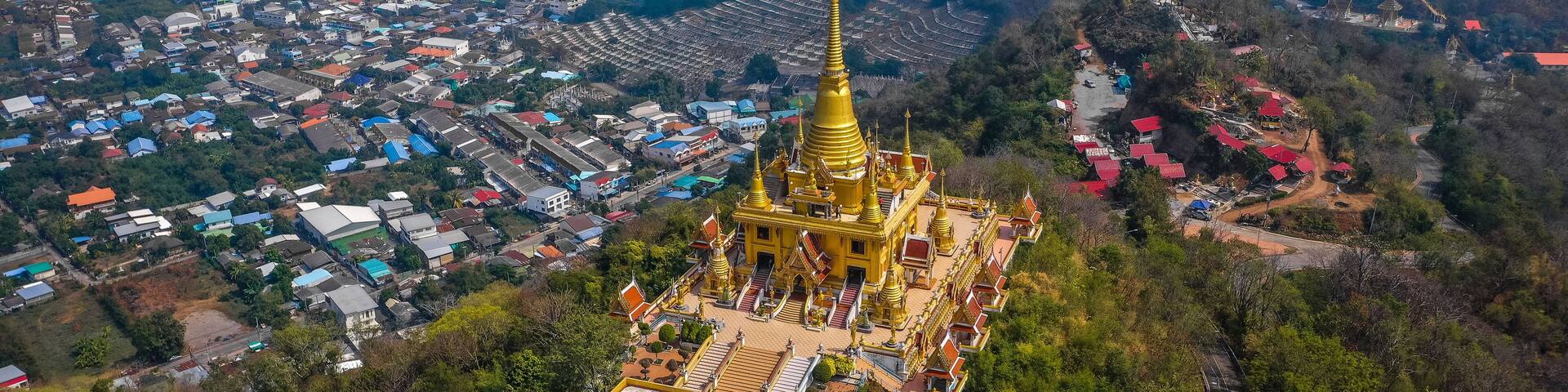Aerial view of Wat Khiriwong temple on top of the mountain in Nakhon Sawan, Thailand