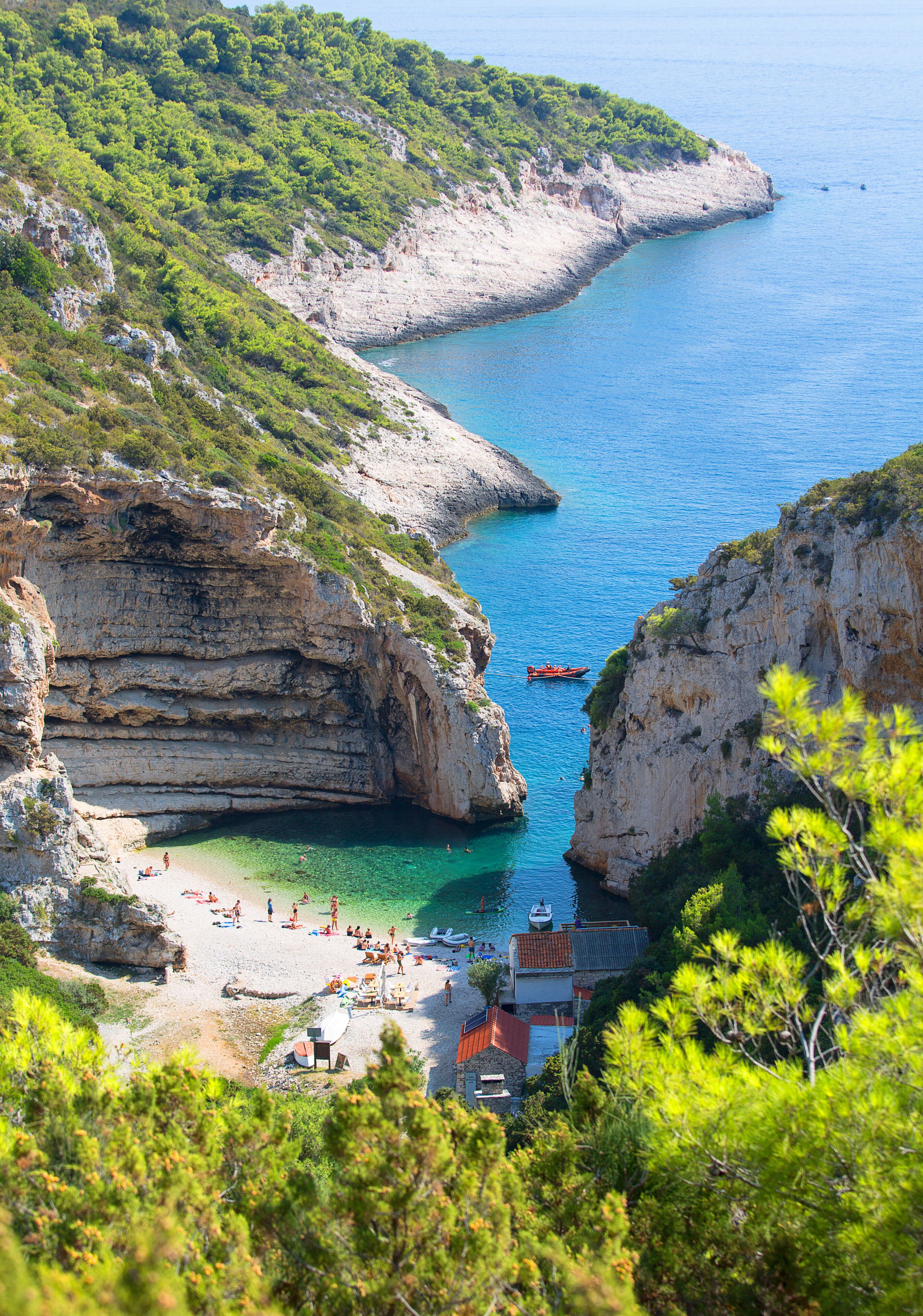 Aerial view on Stiniva Beach, Adriatic Sea bay, Vis Island, Croatia