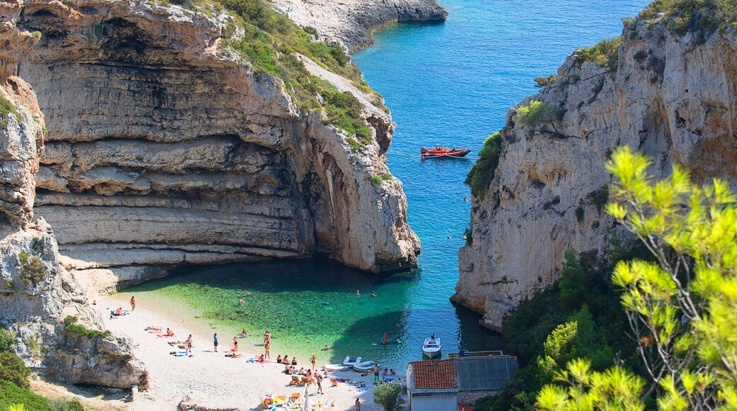 Aerial view on Stiniva Beach, Adriatic Sea bay, Vis Island, Croatia