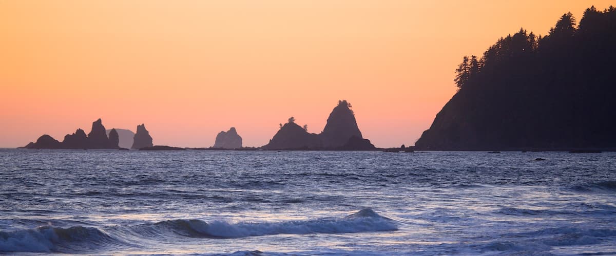 A coastal sunset with waves, rocky formations, and a forested cliff.