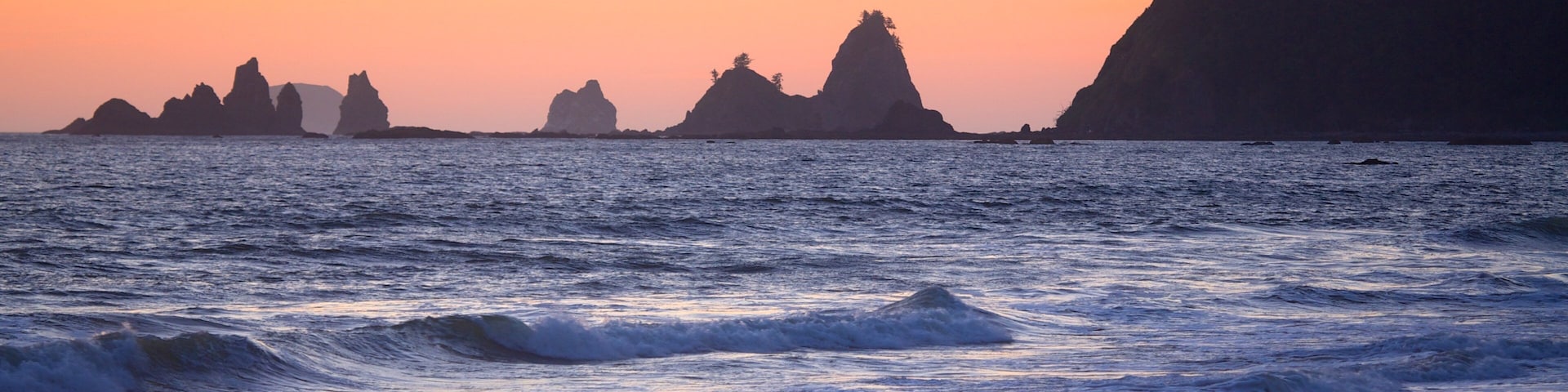 A coastal sunset with waves, rocky formations, and a forested cliff.