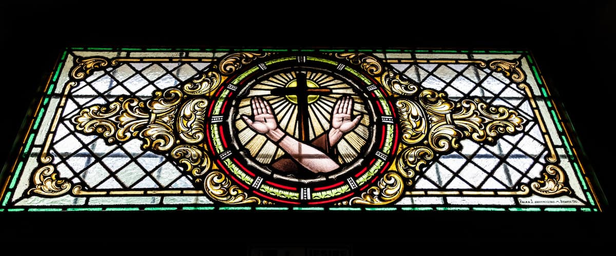 Stained glass window at the Franciscan monastery.. Sumuleu Ciuc, Romania.