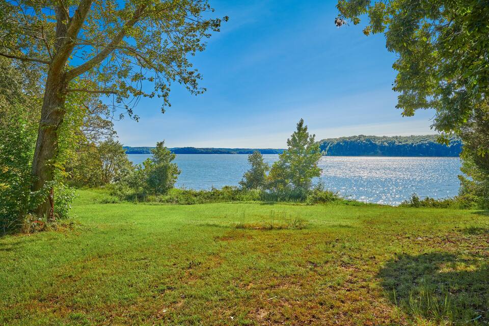 A grassy field with trees and a lake.