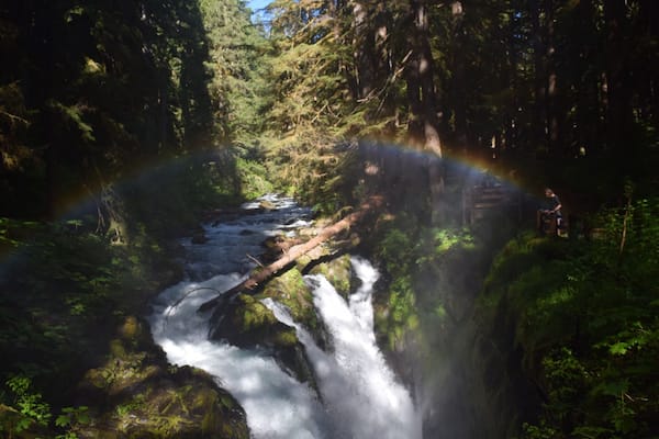 Uma cascata em área arborizada, com um arco-íris a atravessá-la.