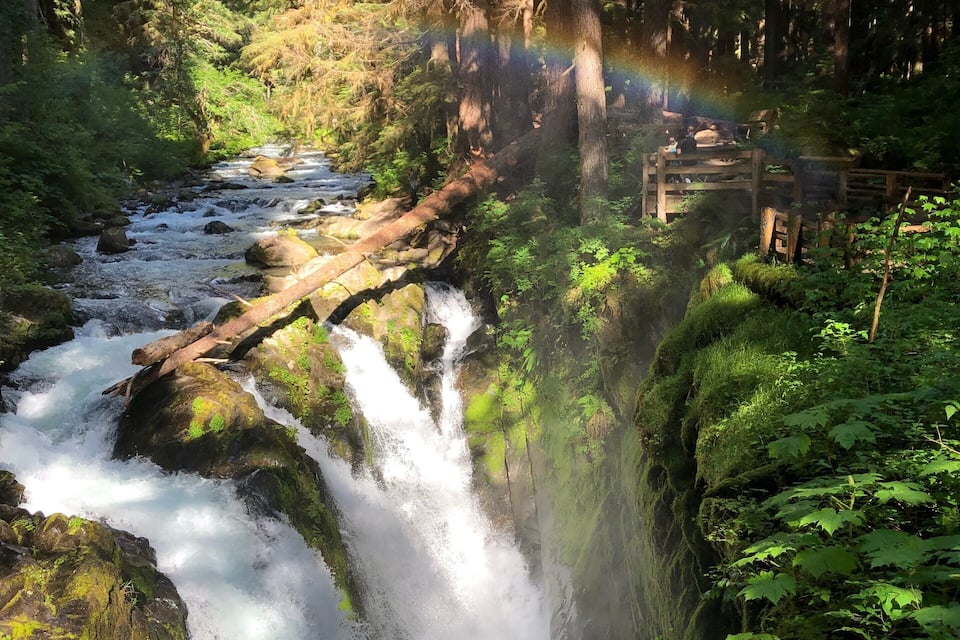 A waterfall cascading over moss-covered rocks in a forested area with a wooden bridge and a rainbow in the background.