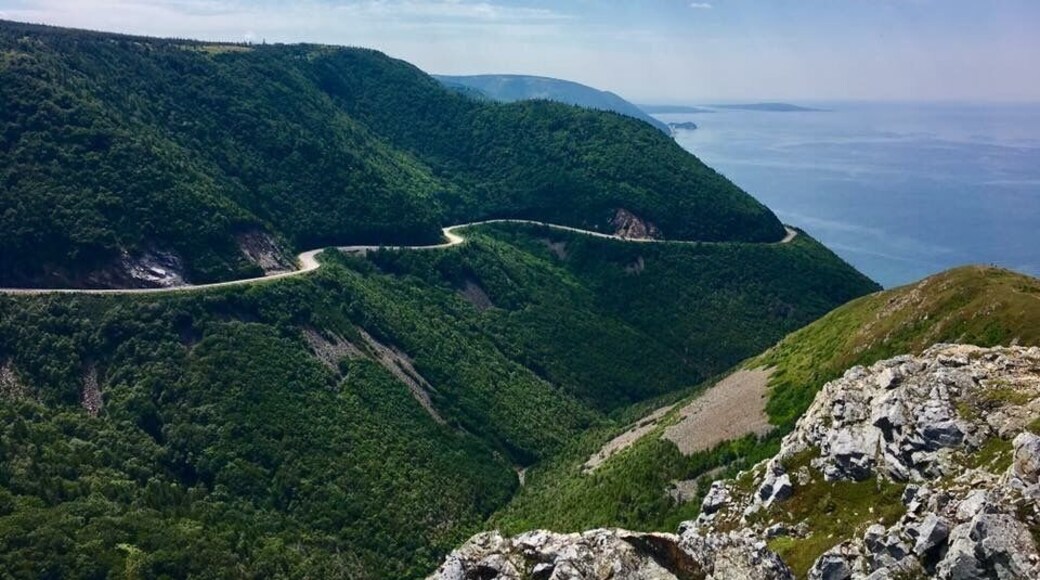 The view from the lookout at the end of the Skyline Trail, overlooking the Cabot Trail on Cape Breton Island, Nova Scotia.